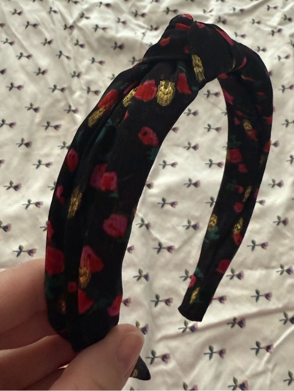 J.Crew Black Floral Knotted Headband with Gold Accents